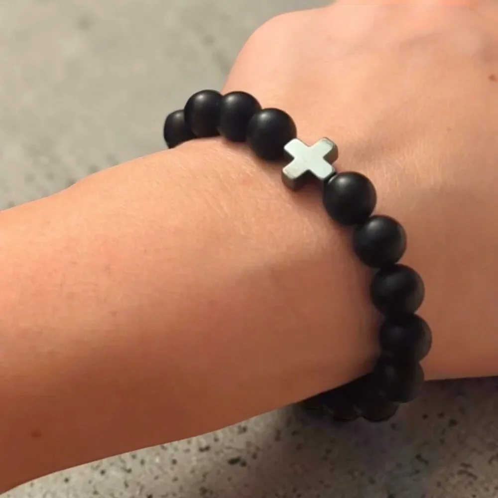 Men's Hematite Cross 10mm Black Beaded Bracelet